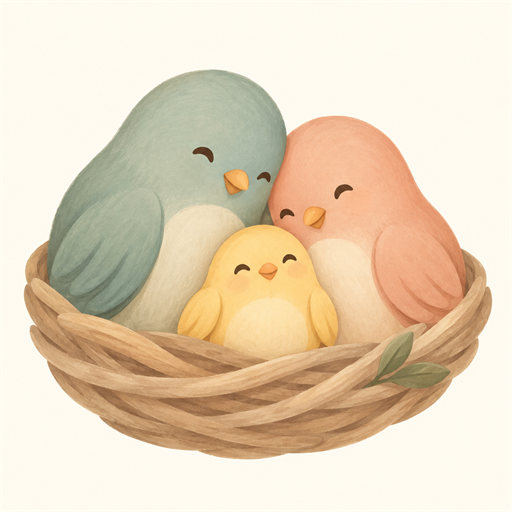 Two birds and their chick together in a nest